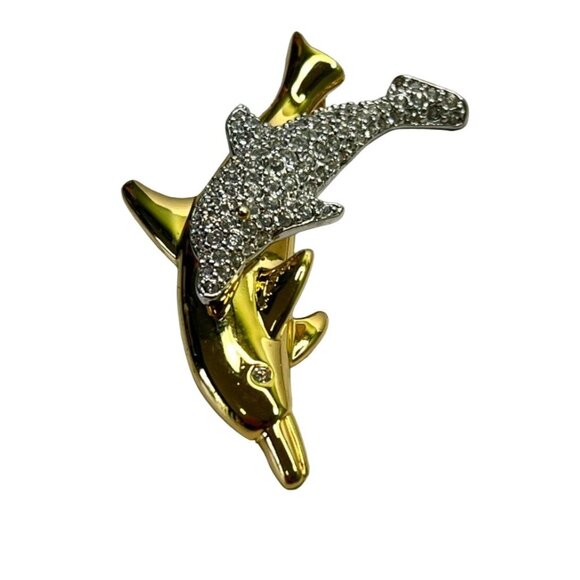 Swarovski Double Dolphin Brooch Gold Tone Crystal Rhinestones Beach Nautical - Picture 8 of 9
